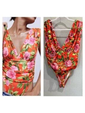 Zara Floral Plunge Bodysuit Feminine Romantic Date Night Colorful